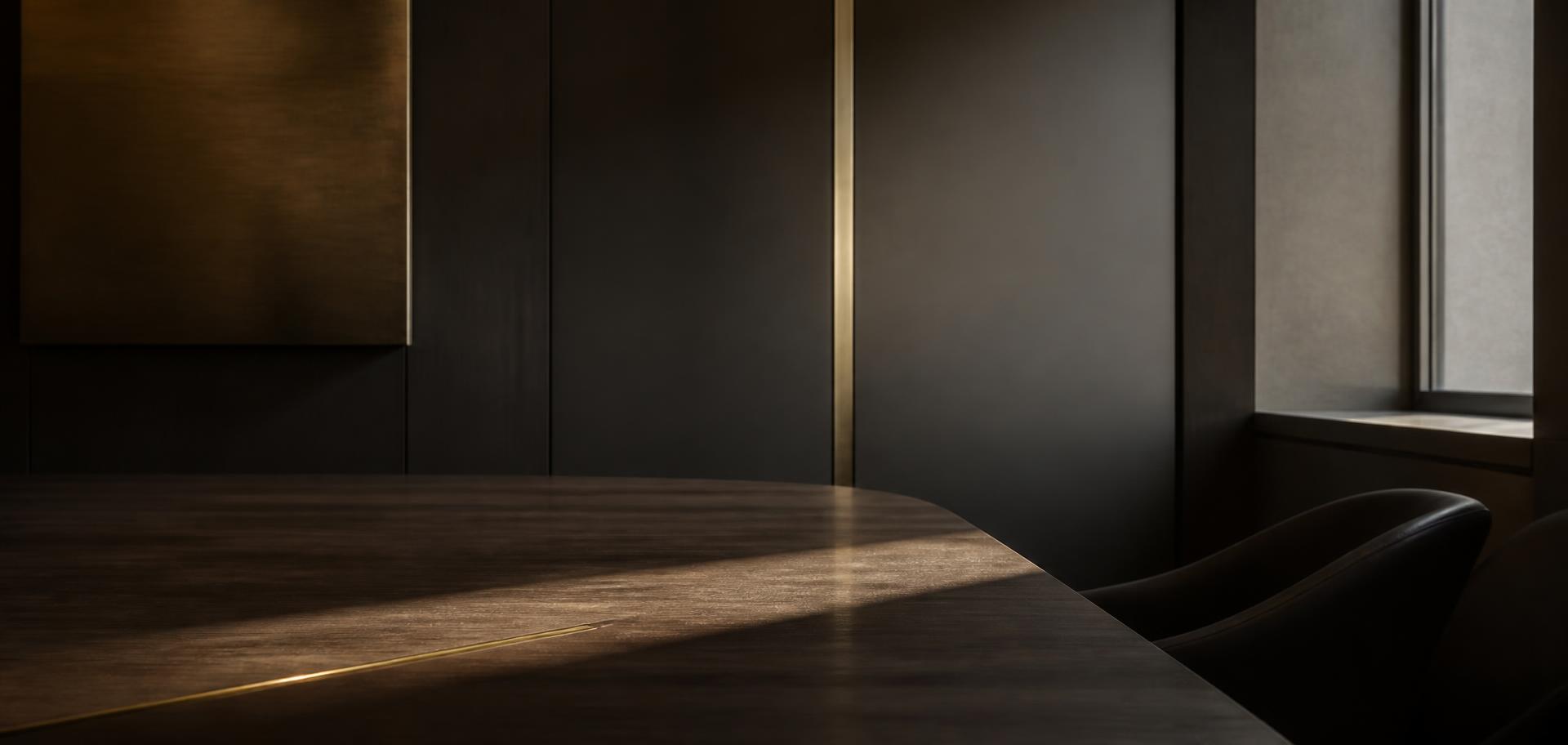 Quiet boardroom detail with daylight across a dark walnut table